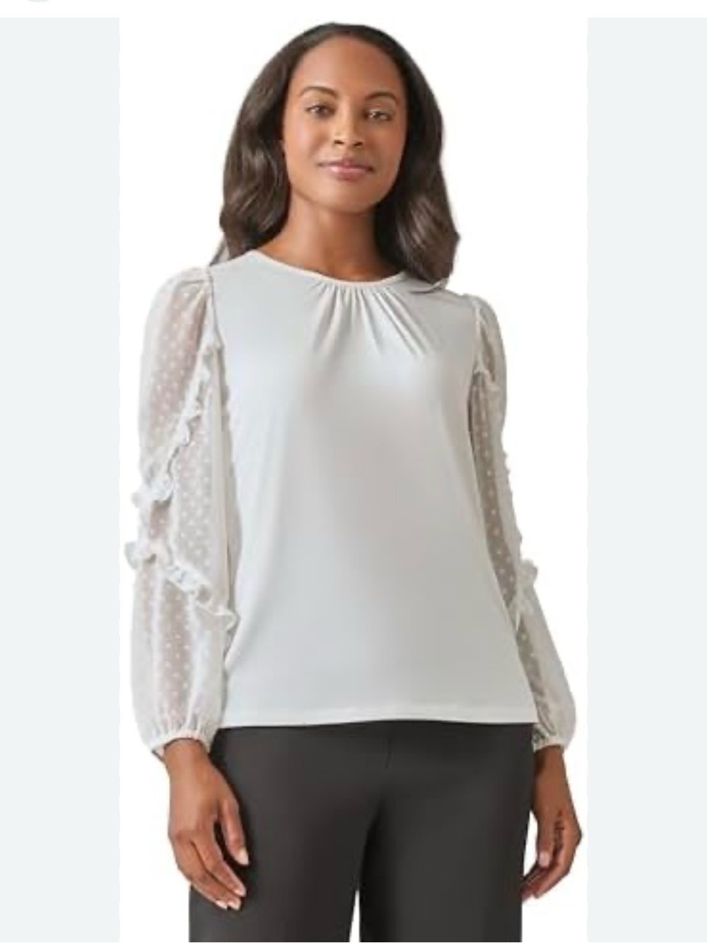 NWT Kasper White Dot-Sheer Ruffle Sleeve Blouse Sz oversized medium